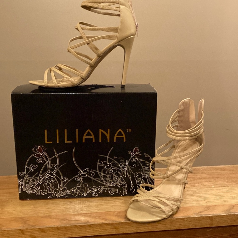 Nude strappy 4.5” heel zip up sandal